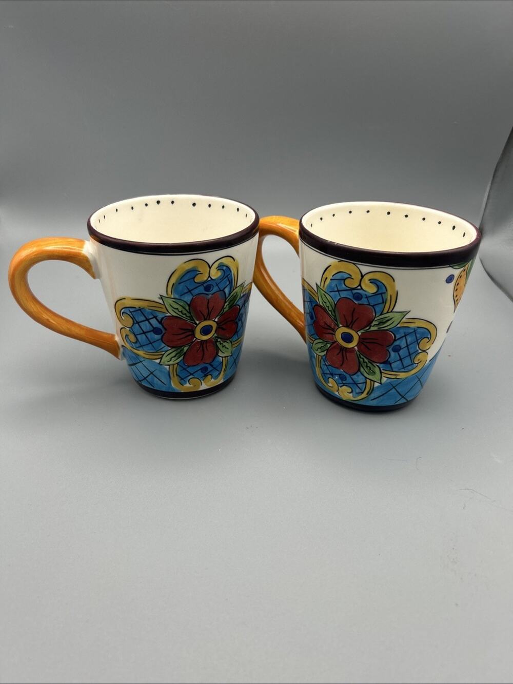 Tabletops Gallery Hand Painted Coffee Mugs Blue Cream Floral 4 in 16 oz Pair